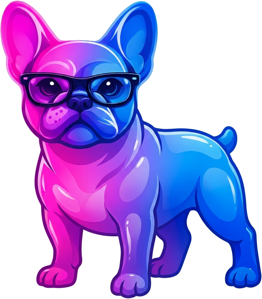 Mascote do Meu CDN: um bulldog francês de óculos, em magenta e azul